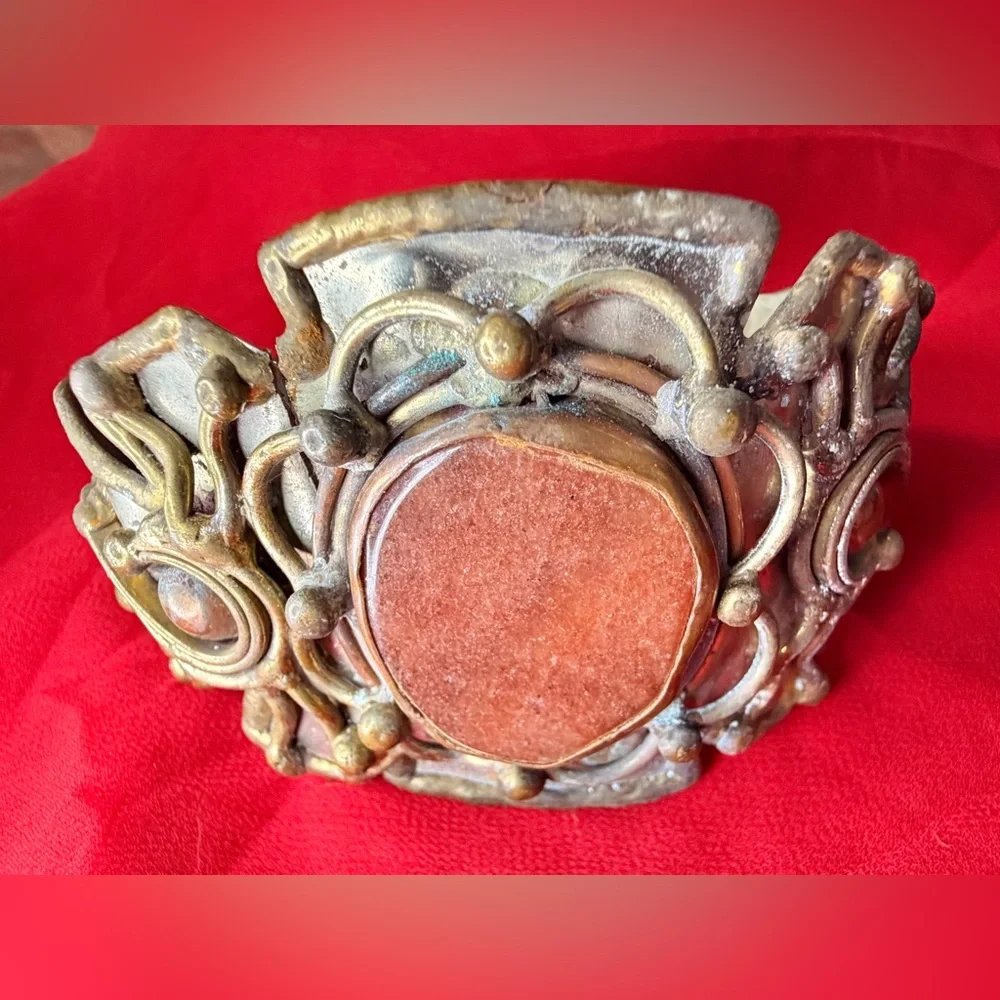 Vintage Brutalist Mixed Metal and Jasper Or Agate Artisan Cuff Bracelet